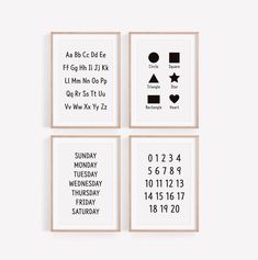 three framed art prints with numbers and shapes on the wall in different sizes, from black to white