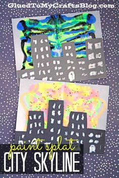 paper plate city skyline collage with the words paint splatt city skyline on it