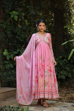 Buy Pink Silk Printed & Hand Embroidered Dress at PinkPhulkari Pakistani Elegant Dresses, Round Dress, Ethnic Gown, Embroidered Anarkali, Pakistani Dresses Casual, Indian Dresses Traditional, Party Wear Lehenga, Dresses Elegant, Anarkali Dress