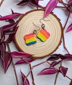 the earrings are made out of polymer and have rainbow colors on them, sitting on a piece of wood surrounded by purple leaves