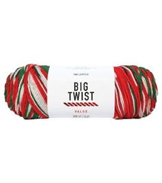 red, white and green striped yarn with the words big twist written in black on it