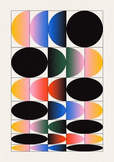 an abstract painting with black, red, yellow and green circles on white paper in the center