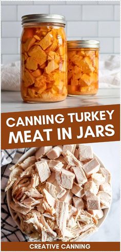 canned turkey meat in jars with text overlay that reads canning turkey meat in jars