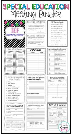 the teacher's guide for special education meeting binder is shown in black and white