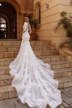 Kasandra by Perfioni https://www.marelliexclusive.boutique/products/kasandra-by-perfioni Long Sleeve Lace Wedding Dress A Line, Mermaid Wedding Dress Long Train, Wedding Dress With Tail, Wedding Dresses With Long Train, Cathedral Train Wedding Dress, Mermaid Wedding Dress With Train, Wedding Dress Long Train, Zion Wedding, Wedding Dress With Open Back