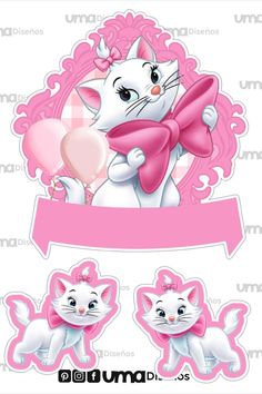 a white cat with pink bow holding a heart and two smaller cats in front of it