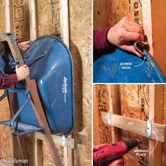 a man is working on the back of a blue barrel with tools attached to it