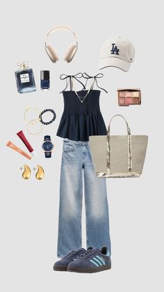 a woman's outfit and accessories are arranged in the shape of a heart, hat, purse, jeans, shoes, handbag