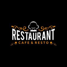 restaurant cafe and resto logo with chef hat on the top, black background illustration