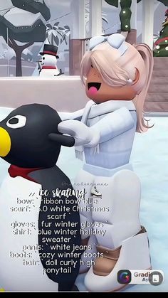 an animated image of a penguin and a woman in the snow with words written on it