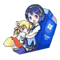 two anime characters hugging each other in front of a blue box