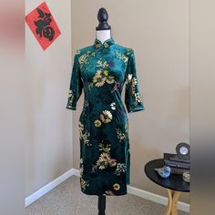 Celebrate The Lunar New Year With This Gorgeous Velvet Traditional Chinese Dress. Brand New. The Color On The Mannequin Has A Slight Blue-Ish Tint, But It's Actually More Green In Person. Size: Medium (Please Refer To Chart As Asian Sizes Tend To Run Smaller) Traditional Fitted Floral Print Cheongsam, Traditional Fitted Floral Cheongsam, Festive Fitted Cheongsam With Stand Collar, Festive Long Sleeve Fitted Cheongsam, Festive Long Fitted Cheongsam, Festive Fitted Ao Dai With Stand Collar, Blue Ruffle Dress, Long Sleeve Boho Dress, Grey Long Sleeve Dress