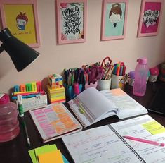 the desk is full of pens, markers and other office supplies for kids to use