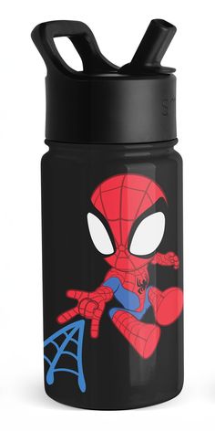 thermos bottle with spiderman on it is black and has blue trimmings