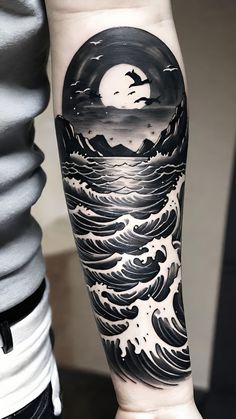 a man's arm with a black and white wave tattoo on the left forearm