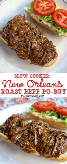 slow cooker new orleans roast beef po - boy sandwich with tomatoes and lettuce