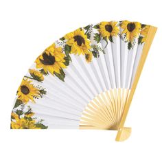 a white and yellow fan with sunflowers on it