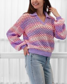 Crochet Polo, Granny Sweater, Crochet Sweater Pattern, Crochet Pullover, Beginner Knitting Projects, Crochet Simple, Polo Top, Crochet Vest