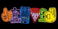 the words good news are written in different colors and styles on black paper, with an image of a hand holding a coffee cup