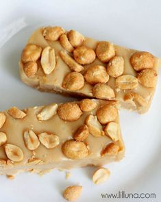 two pieces of peanut butter fudge on a white plate with peanuts scattered around it