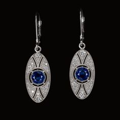 These elegant vintage style sapphire and diamond earrings have a romantic design inspired by Edwardian era touches! The oval design glitters with 0.55ct of vibrant natural diamonds which serve as the perfect backdrop for the rich blue sapphires. Graceful and luxurious, these timelessly glamorous and elegant earrings would make a splendid treat for yourself or an excellent gift for an anniversary or special occasion! The sapphires are a well saturated blue hue. The diamonds are brilliantly white, Saturated Blue, Sapphire And Diamond Earrings, Vintage Style Earrings, Romantic Design, Sapphire Color, Vintage Mode, Edwardian Era, Style Earrings, Sapphire Diamond