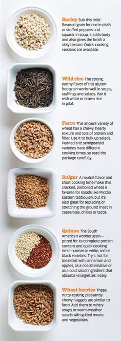 four bowls filled with different types of grains and seeds on top of a white table