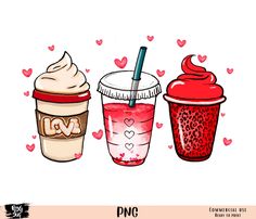 three different types of drinks with hearts on the side and one has a straw in it