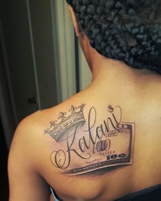 a woman with a tattoo on her back that reads kalaani and has a crown