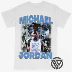 Beyond Dope Michael Jordan North Carolina College Basketball OG ( UNC ) White Moisture-wicking Shirt For Streetwear, White Moisture-wicking Tops For Fan Merchandise, White Relaxed Fit Shirt For Sports Events, White Sports Shirt With Screen Print, Michael Jordan North Carolina, Jordan North, North Carolina Colleges, Jordan Tees, Cute Birthday Outfits