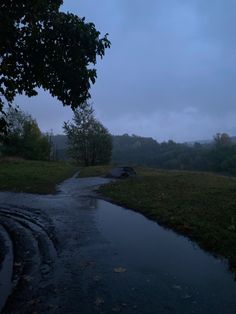 the rain is coming down and there are puddles in the grass next to the road