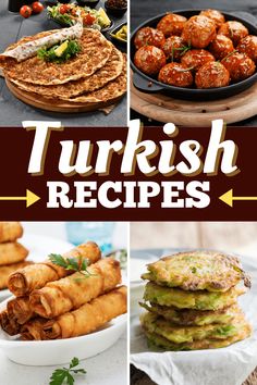 different types of food are shown with the words turkish recipes above them and below it