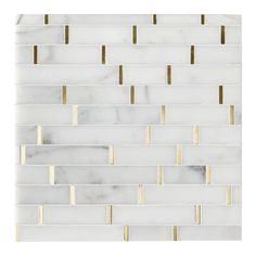 white and gold marble mosaic tile with metallic strips on the edges, set against a white background