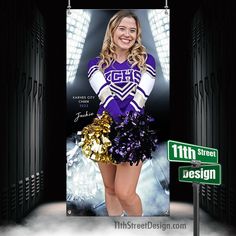 a cheerleader standing in front of a street sign with her pom poms