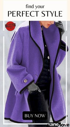 Febecool Button Down Lapel Pocket Long Sleeved Coat Purple Fashion Casual, Ombre Shirt, Wool Winter Coat, Lapel Coat, Long Overcoat, Moda Retro, Retro Mode, Clothes Shopping, Long Sleeves Coats