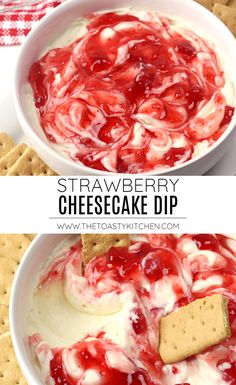 strawberry cheesecake dip in a bowl with crackers