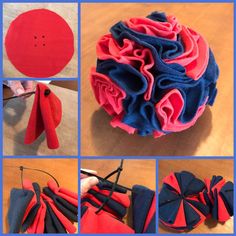 four pictures showing how to make an origami rosette ball with felt flowers