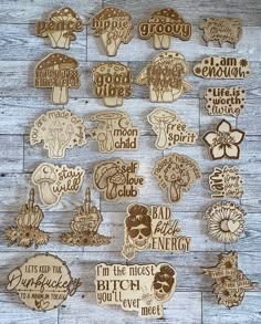 wooden cutouts with words and pictures on them, all written in different font styles