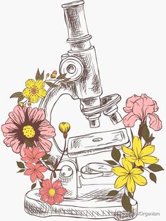 a drawing of a microscope with flowers around it