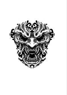 a black and white drawing of a demon mask