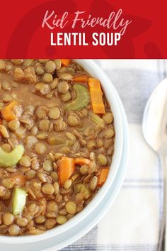 a bowl of lentil soup with carrots and celery on the side