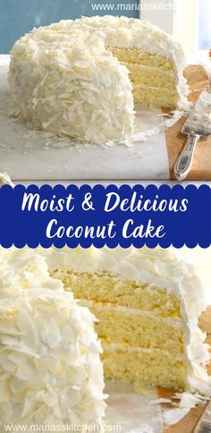 two pictures of a cake with coconut frosting and the words moist & delicious coconut cake