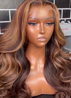 Brown With Caramel Highlights Wig, Brown Wig With Highlights Black Women, Brown Wigs With Highlights, Birthday Wigs, Hairstyles Quick And Easy, Warm Hair Color, Hairstyles Quick, Belle Hairstyle, Chocolate Bunnies