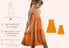 Kid's High Waist Summer Dress Pattern,PDF Dress Sewing Pattern for Kids,Girls Dress Sewing Pattern,Baby Dress A0 A4 US Letter-Girl Size 2-16 Age. Knits and Mesh Fabric, High Waist Seam, Below Knee, Tiered, , Sleeveless Dress, Round Neck, Back Straight Seam with Invisible Zipper Full-Length Top Closure, Back Deep Round Neck, Neckline Facing. This product contains fusible interfacing and lining. If you are going to sew this part, you should buy fabric accordingly.  Kid's High Waist Summer Dress Se Pdf Sewing Patterns Kids, Tiered Dress Pattern, African Dress Patterns, Summer Dress Pattern, Kids Girls Dress, Summer Dress Sewing Patterns, Girls Dress Sewing Patterns, Summer Dress Patterns, Sewing Instructions