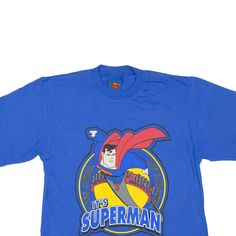 Item is in good used condition. >Size: S >Armpit To Armpit: 19" >Armpit To Cuff: 8" >Collar To Hem: 26" Vintage Blue T-shirt For Streetwear, 90s Blue Logo Print T-shirt, Blue Crew Neck T-shirt, Pop Culture Style, Superman T Shirt, 90s Shorts, Wholesale Shoes, Reusable Bags, Beauty Bag, Cardigan Coat