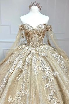 Alejandra | Glamorous Gold Sweetheart Ball Gown with Cape Sleeves Quin | KissProm Ball Gown With Cape, Gold Quince Dress, Dress With Cloak, Quince Cakes, Gown With Cape, Quinceanera Dresses Gold, Adult Dress, Dress Quinceanera, Prom Dresses Long Pink