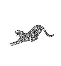 a black and white drawing of a cheetah running in the air with its mouth open