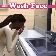 a woman is washing her face in the bathroom