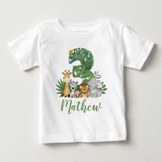 Wild and Tree 3rd Safari Birthday Jungle Animals Toddler T-shirt. Lion, Giraffe, Elephant, Hippo Zoo Birthday Party, Safari Baby Animals, Zoo Birthday, Two Wild, Birthday Collection, Tropical Animals, Safari Jungle, Animals Cute, Safari Birthday