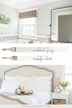 a bedroom with white bedding, pillows and decor on the walls is featured in this post