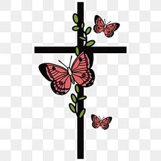 a cross with three butterflies on it, and one is black and white transparent background